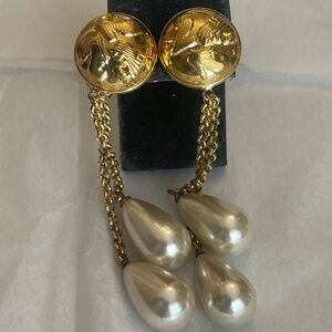 Ferragamo Shoe Stamped Pearl Clip On Drop Earrings Dangle